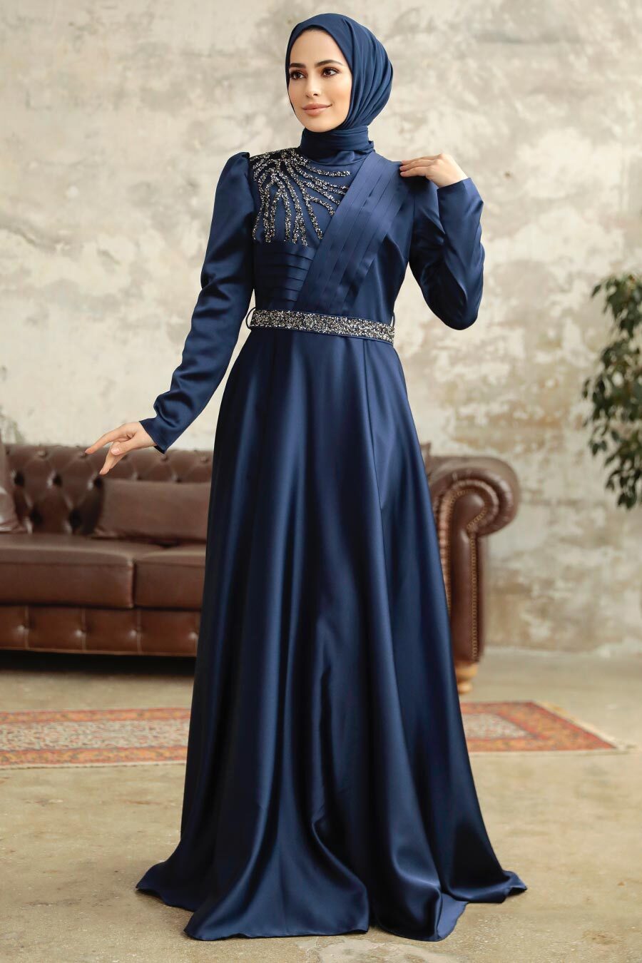 Neva Style - Satin Navy Blue Islamic Wedding Dress 3967L