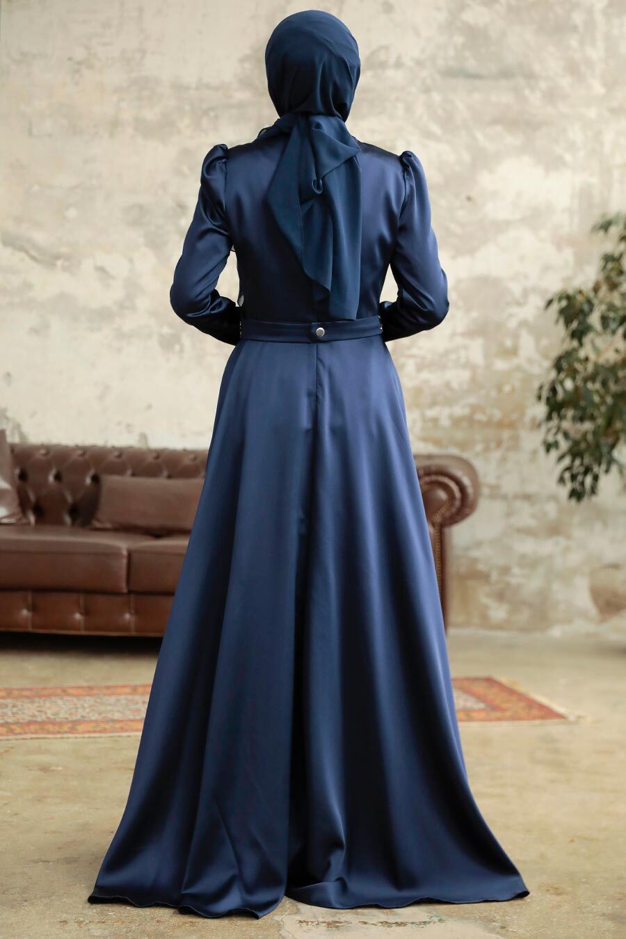 Neva Style - Satin Navy Blue Islamic Wedding Dress 3967L