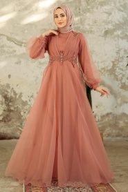Neva Style - Stylish Terra Cotta Muslim Bridal Dress 22571KRMT - Thumbnail