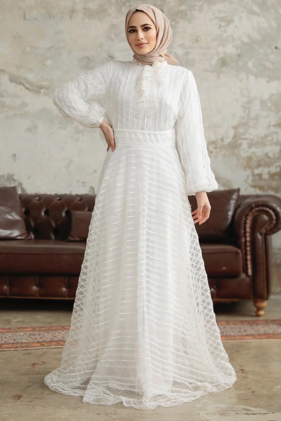 Neva Style - Stylish White Islamic Clothing Prom Dress 38920B