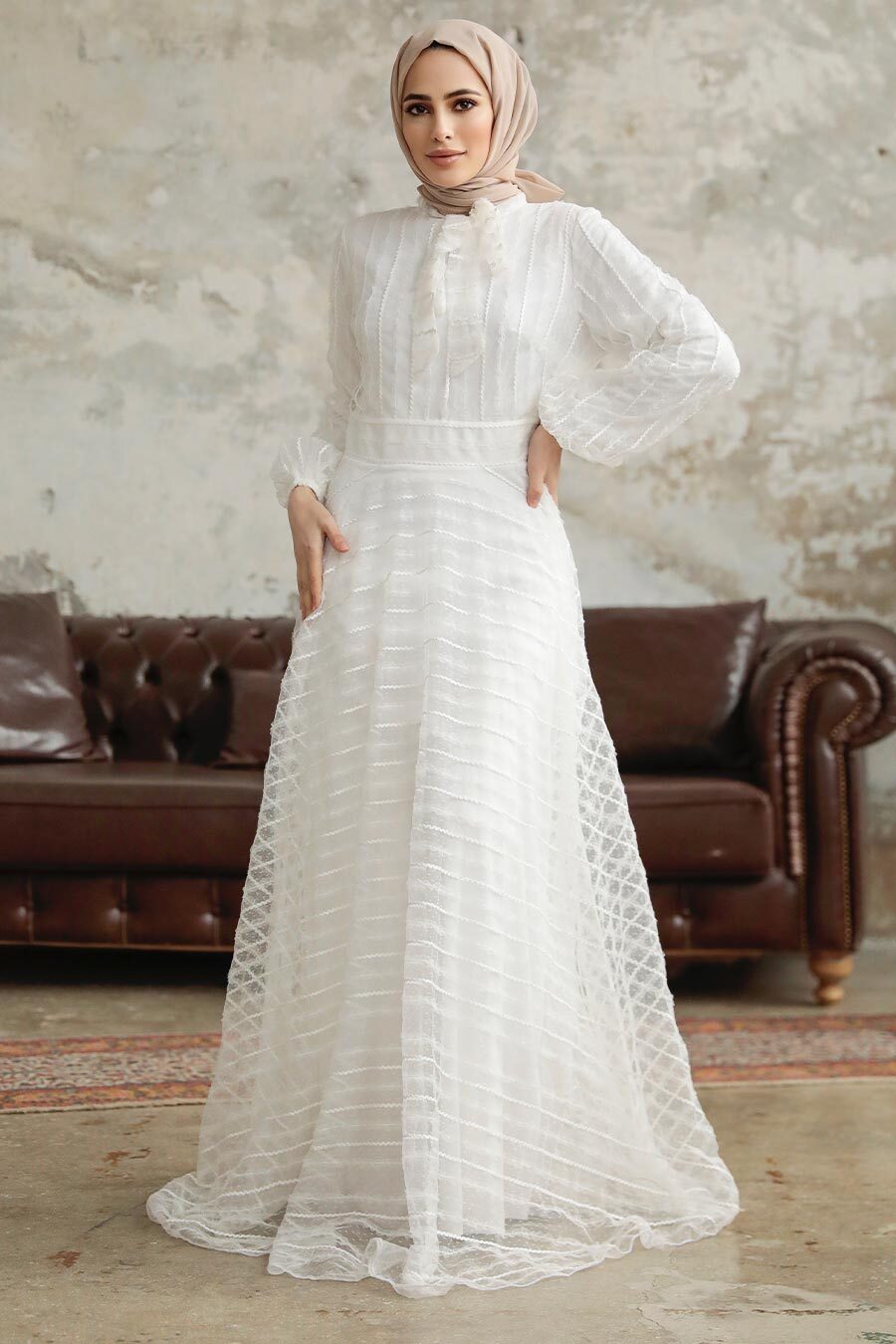 Neva Style - Stylish White Islamic Clothing Prom Dress 38920B