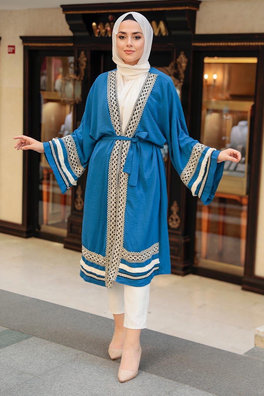 Neva Style - Volan Kollu İndigo Mavisi Tesettür Kimono 10455IM