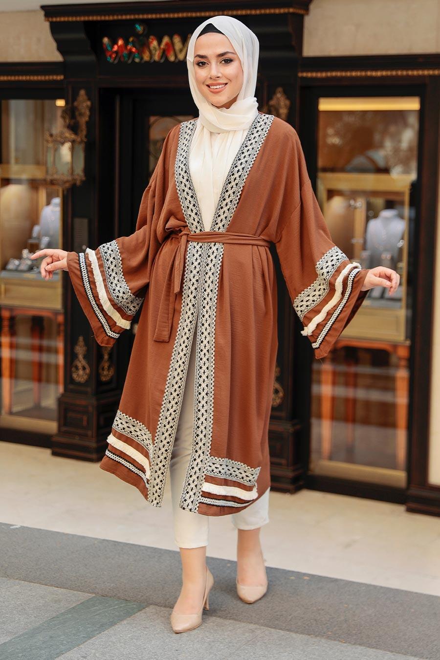 Neva Style - Volan Kollu Kahverengi Tesettür Kimono 10455KH