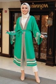 Neva Style - Volan Kollu Yeşil Tesettür Kimono 10455Y - Thumbnail