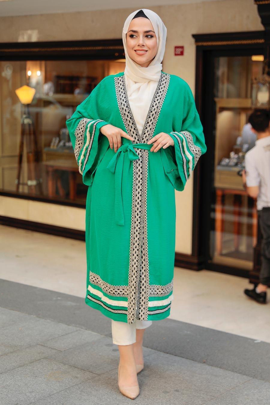 Neva Style - Volan Kollu Yeşil Tesettür Kimono 10455Y