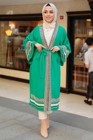 Neva Style - Volan Kollu Yeşil Tesettür Kimono 10455Y - Thumbnail