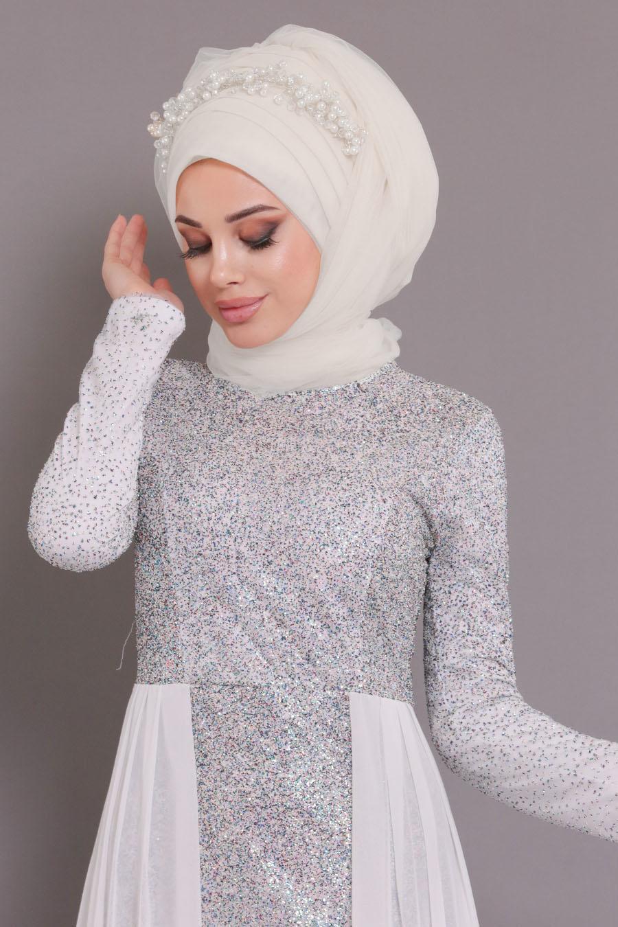 Neva Style - White Hijab Evening Dress 90020B - Tesetturisland.com