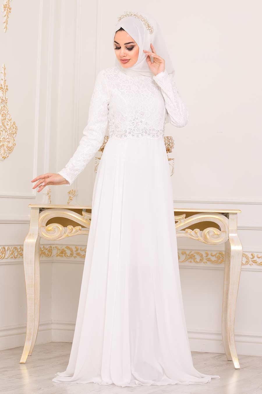 Neva Style - White Hijab Evening Dress 9116B - Tesetturisland.com