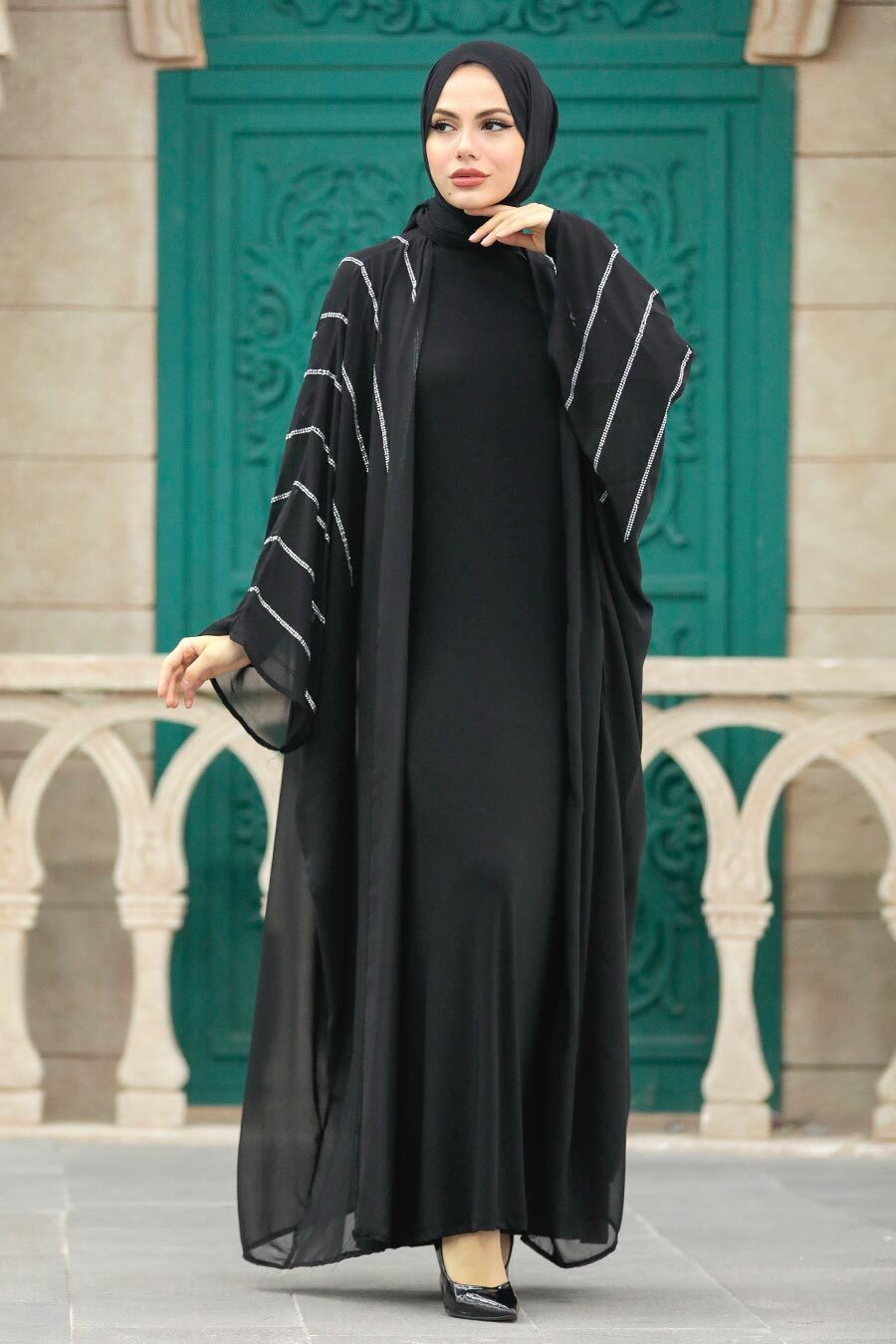 Neva Style - Yarasa Kol Siyah Tesettür Abaya 39200S