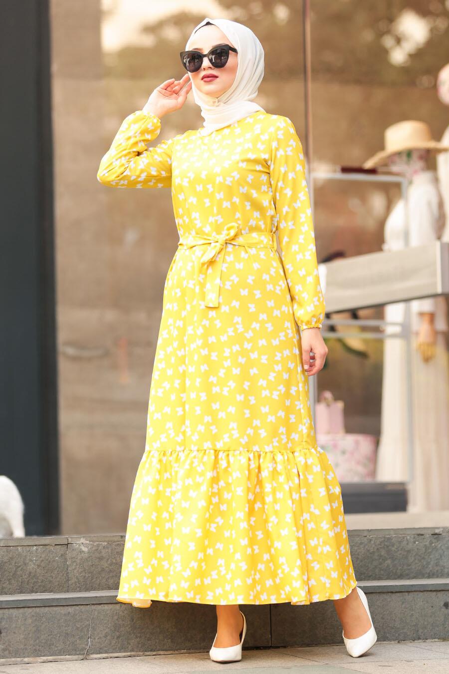 Neva Style - Yellow Hijab Dress 5005SR - Tesetturisland.com