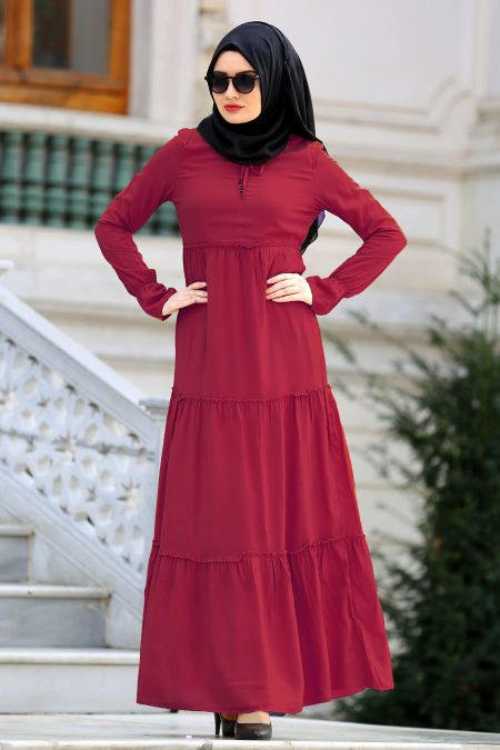 New Kenza - Büzgülü Bordo Tesettür Elbise 30860BR