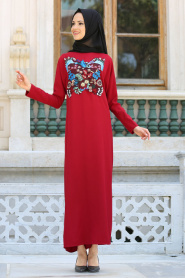 New Kenza - Önü Detaylı Kırmızı Tesettür Elbise 3068K - Thumbnail