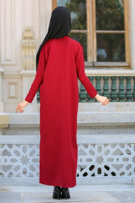 New Kenza - Önü Detaylı Kırmızı Tesettür Elbise 3068K