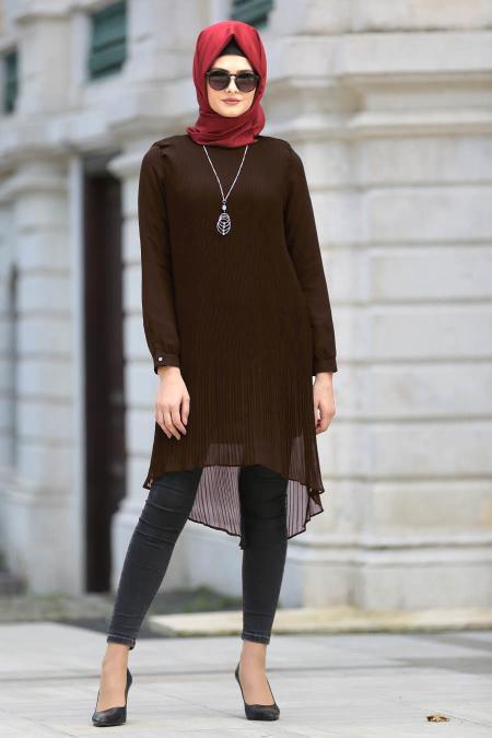 New Kenza - Pliseli Kahverengi Tesettür Tunik 20980KH
