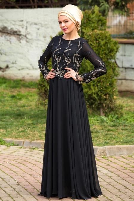 Siyah Tesettür Abiye Elbise 7083S