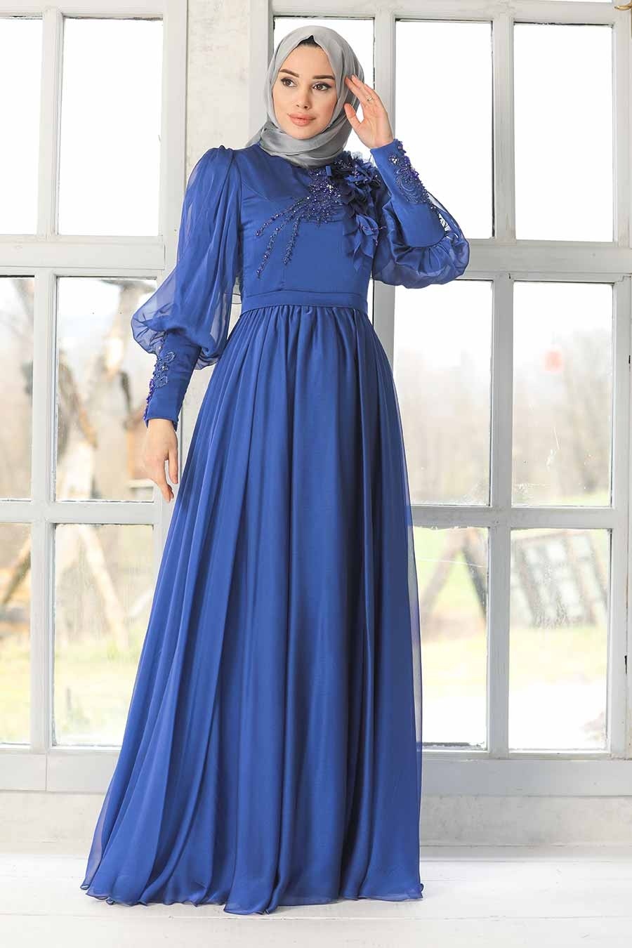 Neva Style - Sax Blue Turkish Hijab Evening Gown 21960SX