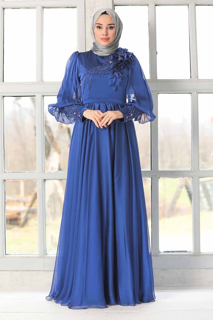 Neva Style - Sax Blue Turkish Hijab Evening Gown 21960SX