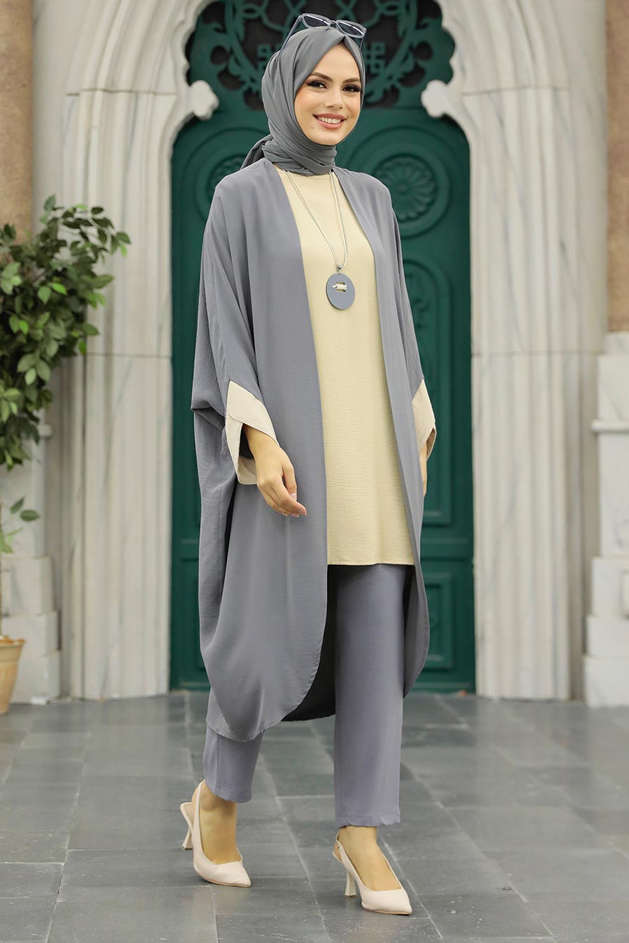 Smoke Color Hijab Triple Suit 52261FU - Neva-style.com