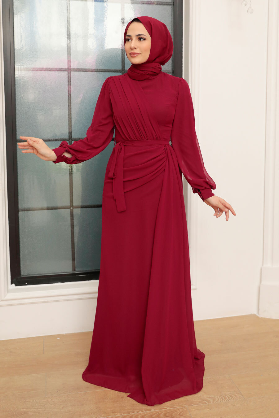 Tesettür Abiye Elbise - Drape Detaylı Bordo Tesettür Abiye Elbise 5711BR