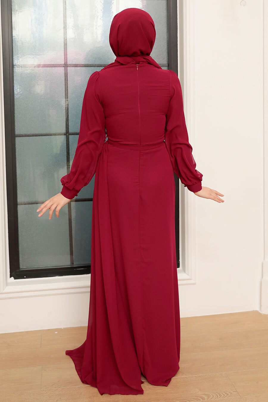 Tesettür Abiye Elbise - Drape Detaylı Bordo Tesettür Abiye Elbise 5711BR