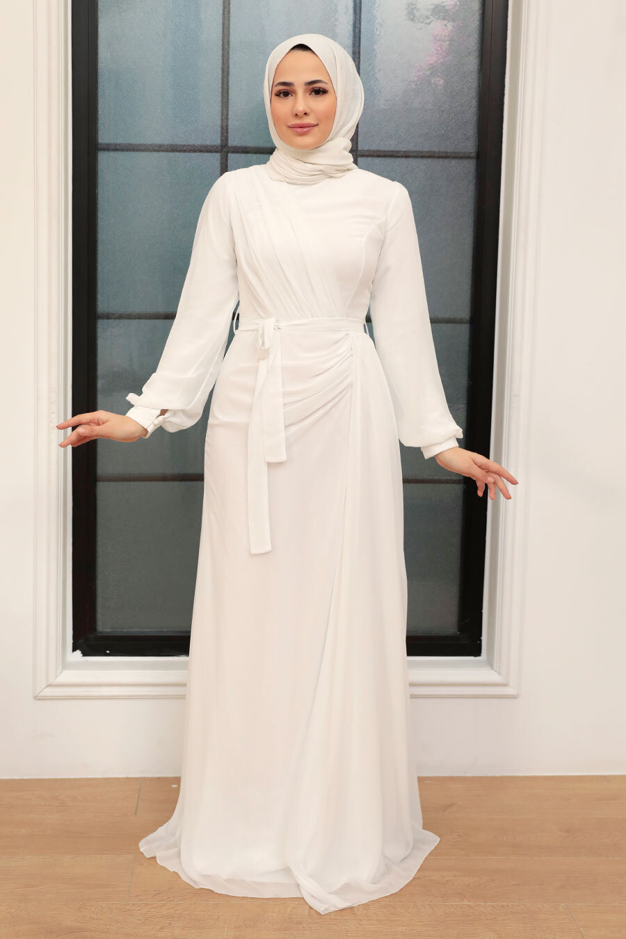 Tesettür Abiye Elbise - Drape Detaylı Ekru Tesettür Abiye Elbise 5711E