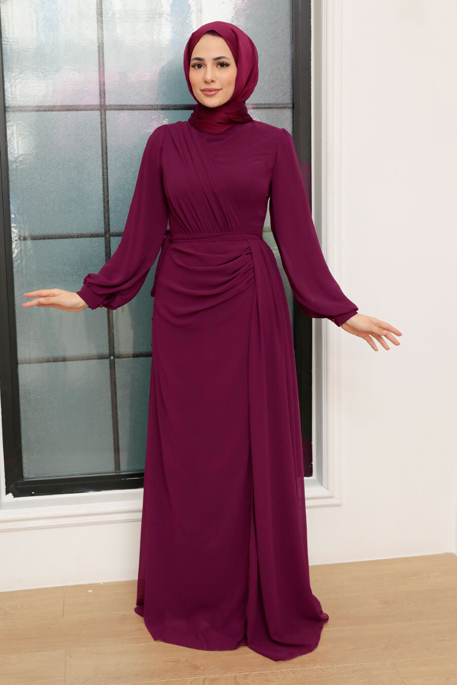 Tesettür Abiye Elbise - Drape Detaylı Fuşya Tesettür Abiye Elbise 5711F