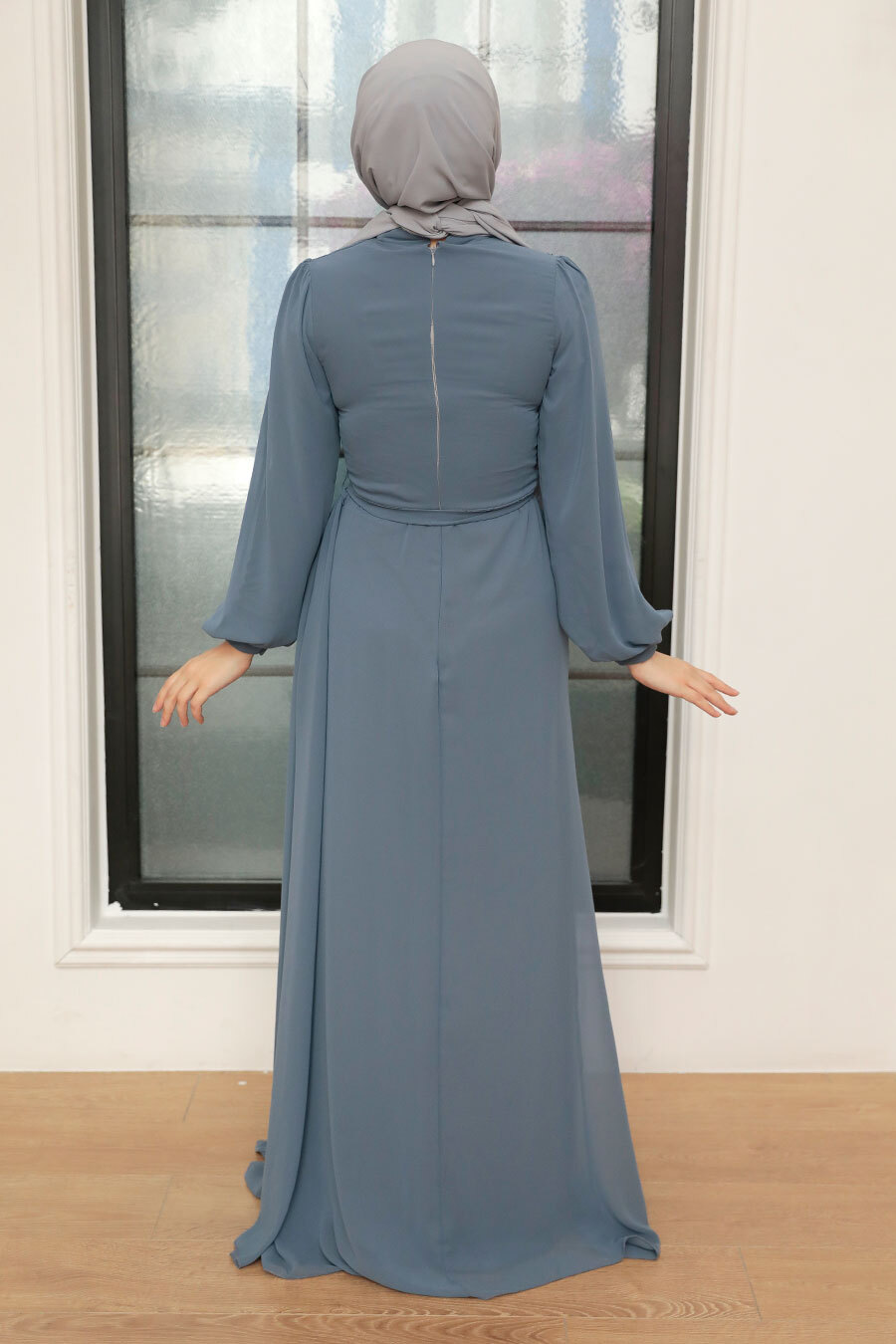 Tesettür Abiye Elbise - Drape Detaylı Koyu Gri Tesettür Abiye Elbise 5711KGR