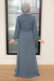 Tesettür Abiye Elbise - Drape Detaylı Koyu Gri Tesettür Abiye Elbise 5711KGR - Thumbnail