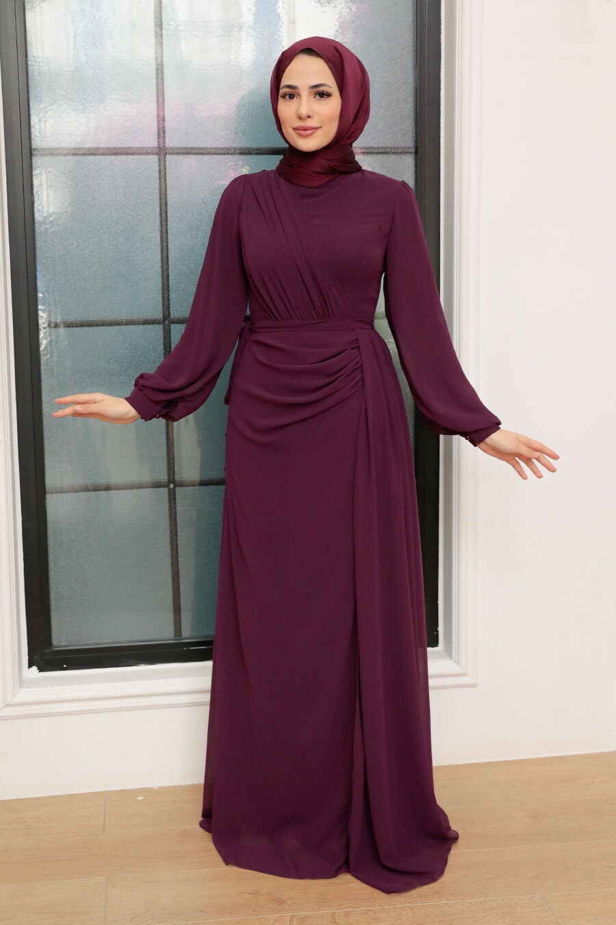 Tesettür Abiye Elbise - Drape Detaylı Mürdüm Tesettür Abiye Elbise 5711MU