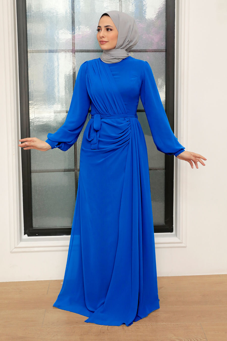 Tesettür Abiye Elbise - Drape Detaylı Sax Mavisi Tesettür Abiye Elbise 5711SX