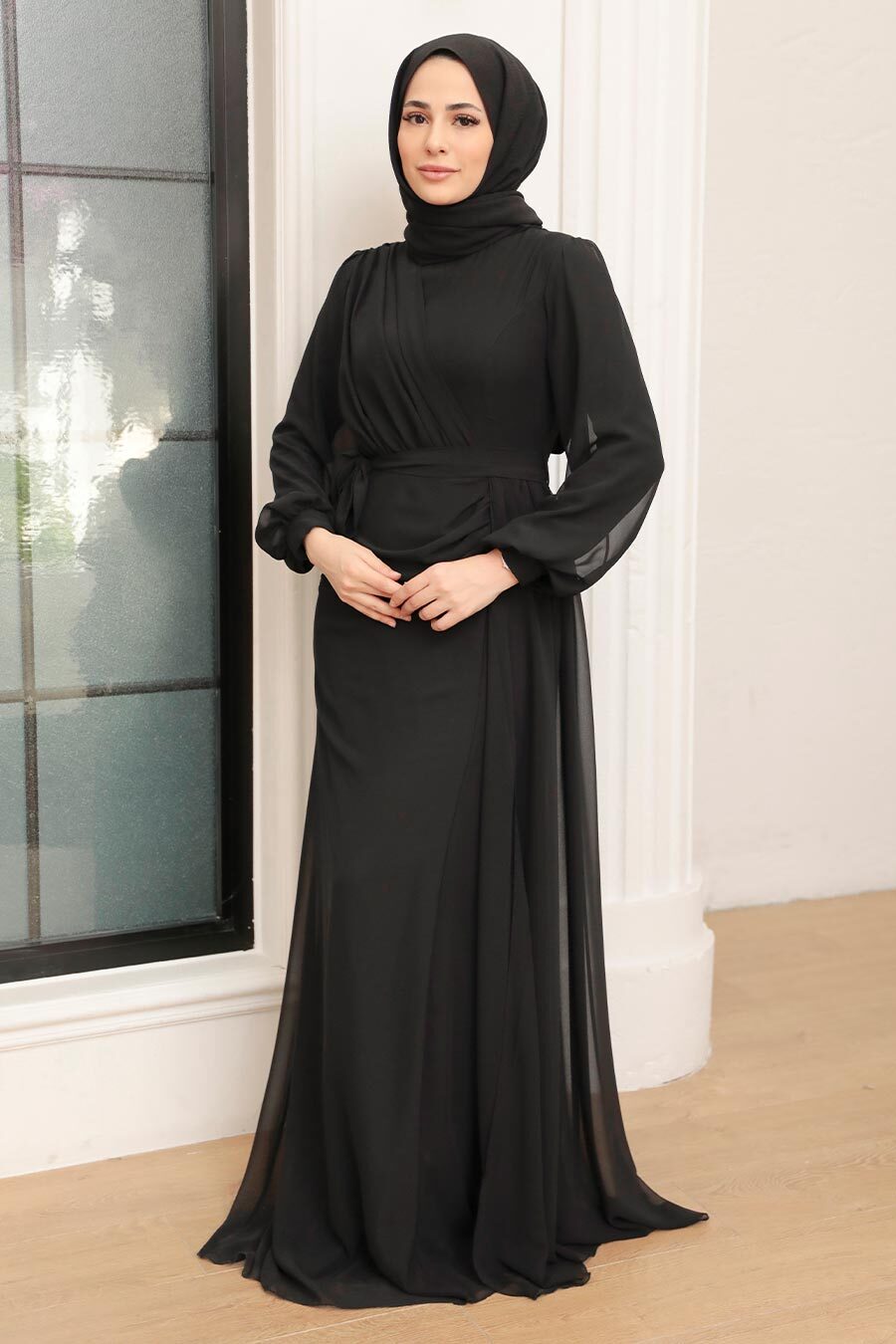 Tesettür Abiye Elbise - Drape Detaylı Siyah Tesettür Abiye Elbise 5711S