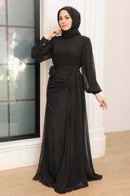 Tesettür Abiye Elbise - Drape Detaylı Siyah Tesettür Abiye Elbise 5711S - Thumbnail