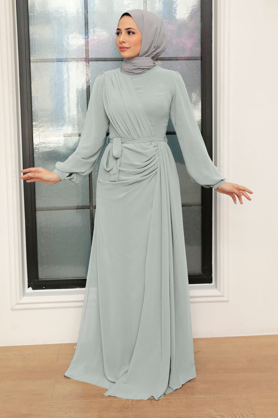 Tesettür Abiye Elbise - Drape Detaylı Tas Tesettür Abiye Elbise 5711TAS