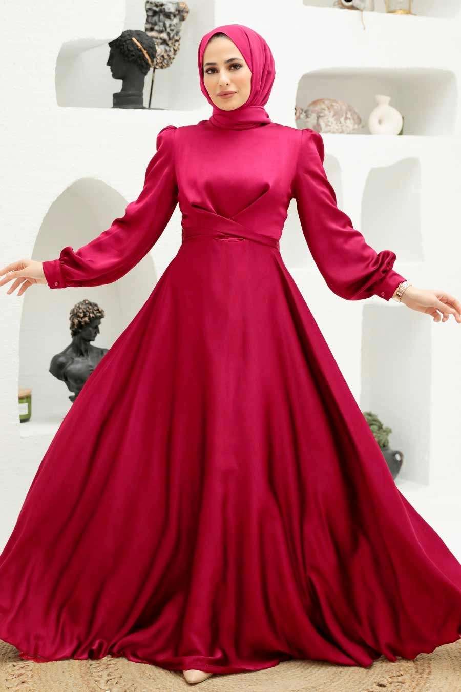Tesettürlü Abiye Elbise - Bağlama Detaylı Kırmızı Tesettür Abiye Elbise 3064K