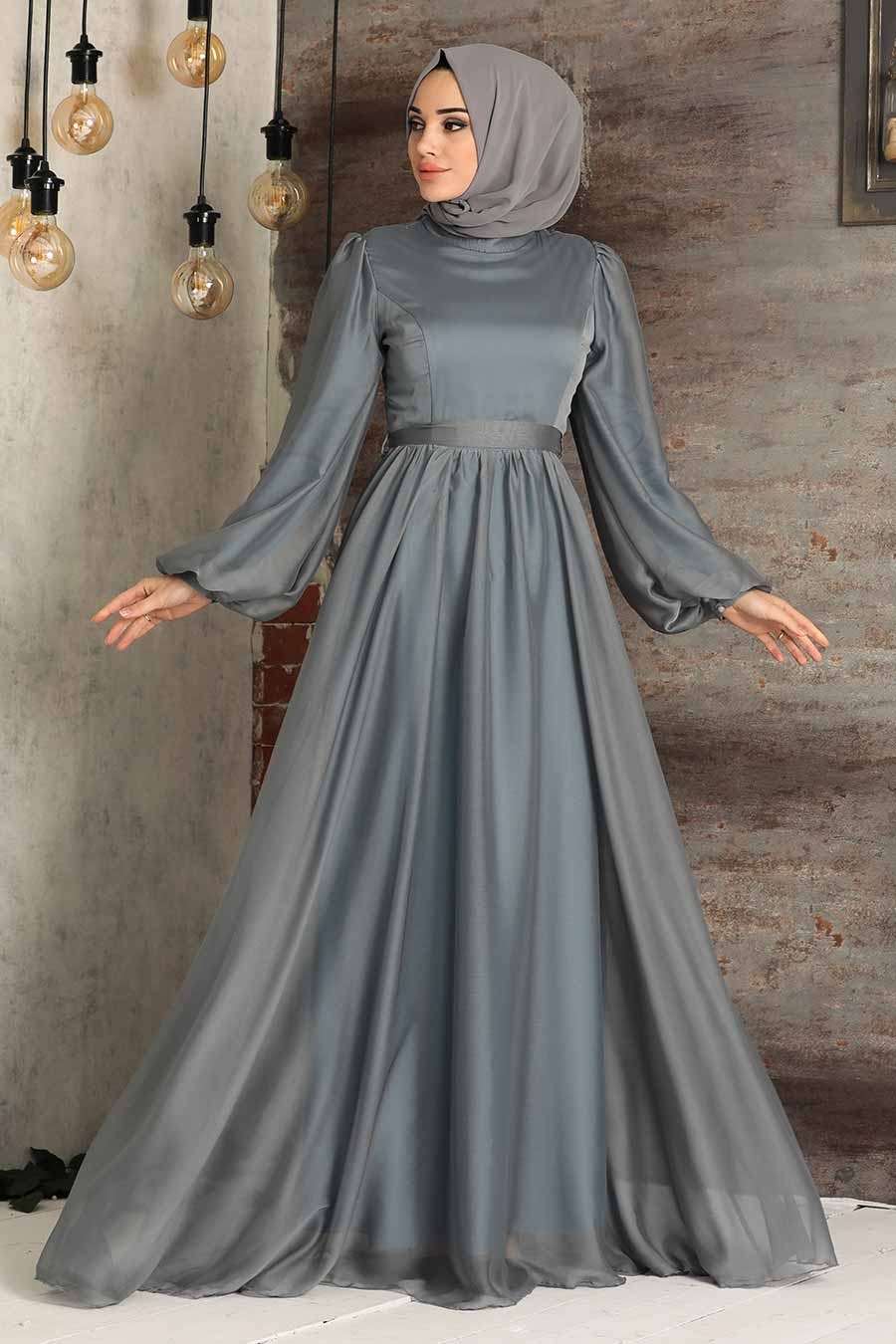 Tesettürlü Abiye Elbise - Balon Kol Gri Tesettür Abiye Elbise 5215GR