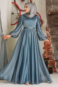 Tesettürlü Abiye Elbise - Balon Kol Mavi Tesettür Abiye Elbise 5215M - Thumbnail