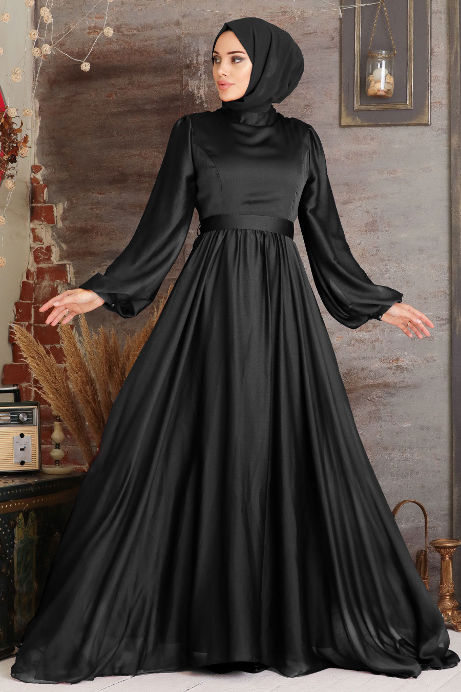 Tesettürlü Abiye Elbise - Balon Kol Siyah Tesettür Abiye Elbise 5215S