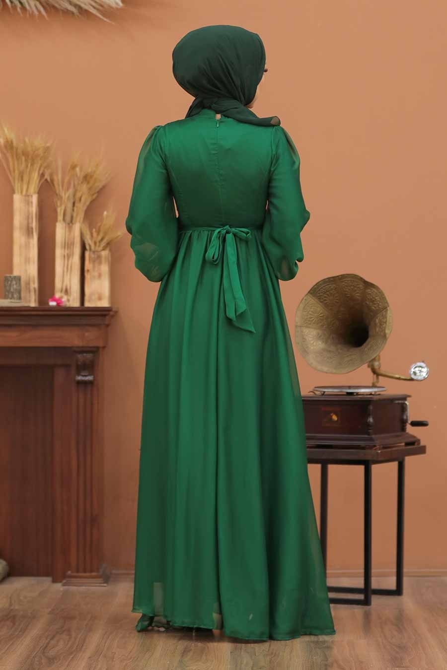 Tesettürlü Abiye Elbise - Balon Kol Yeşil Tesettür Abiye Elbise 5215Y