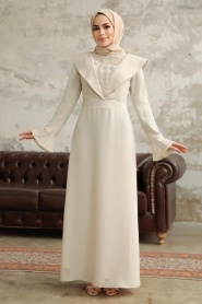 Tesettürlü Abiye Elbise - Boncuk Detaylı Bej Tesettür Abiye Elbise 38091BEJ - Thumbnail