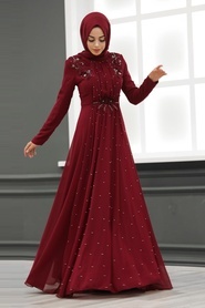 Tesettürlü Abiye Elbise - Boncuk Detaylı Bordo Tesettür Abiye Elbise 50030BR - Thumbnail