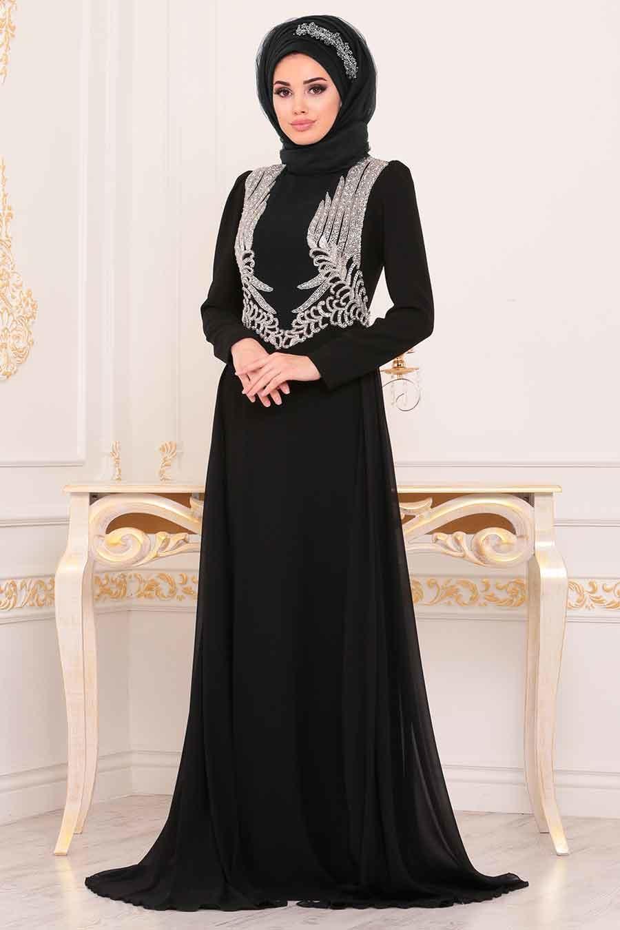 Tesettürlü Abiye Elbise - Boncuk Detaylı Siyah Tesettür Abiye Elbise 3721S