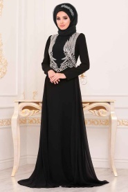 Tesettürlü Abiye Elbise - Boncuk Detaylı Siyah Tesettür Abiye Elbise 3721S - Thumbnail