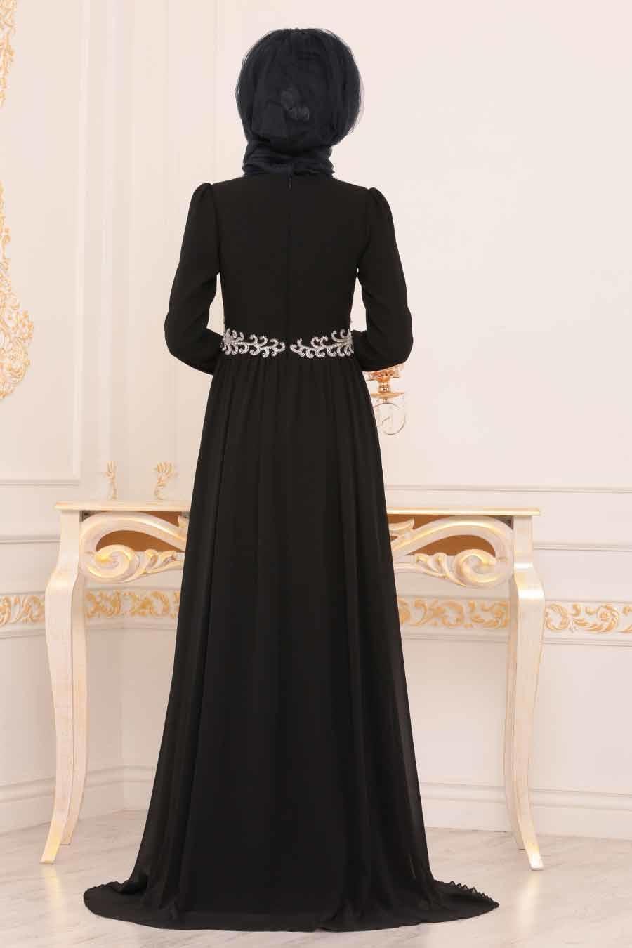 Tesettürlü Abiye Elbise - Boncuk Detaylı Siyah Tesettür Abiye Elbise 3721S