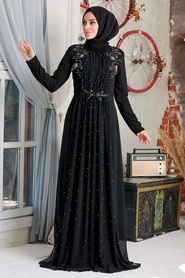 Tesettürlü Abiye Elbise - Boncuk Detaylı Siyah Tesettür Abiye Elbise 50030S - Thumbnail