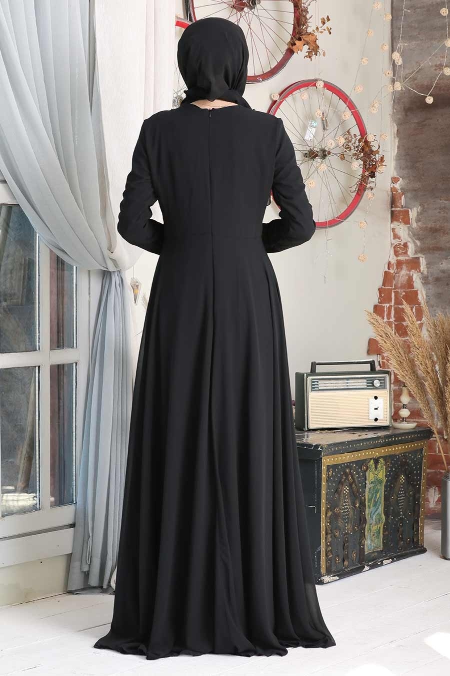 Tesettürlü Abiye Elbise - Boncuk Detaylı Siyah Tesettür Abiye Elbise 50030S