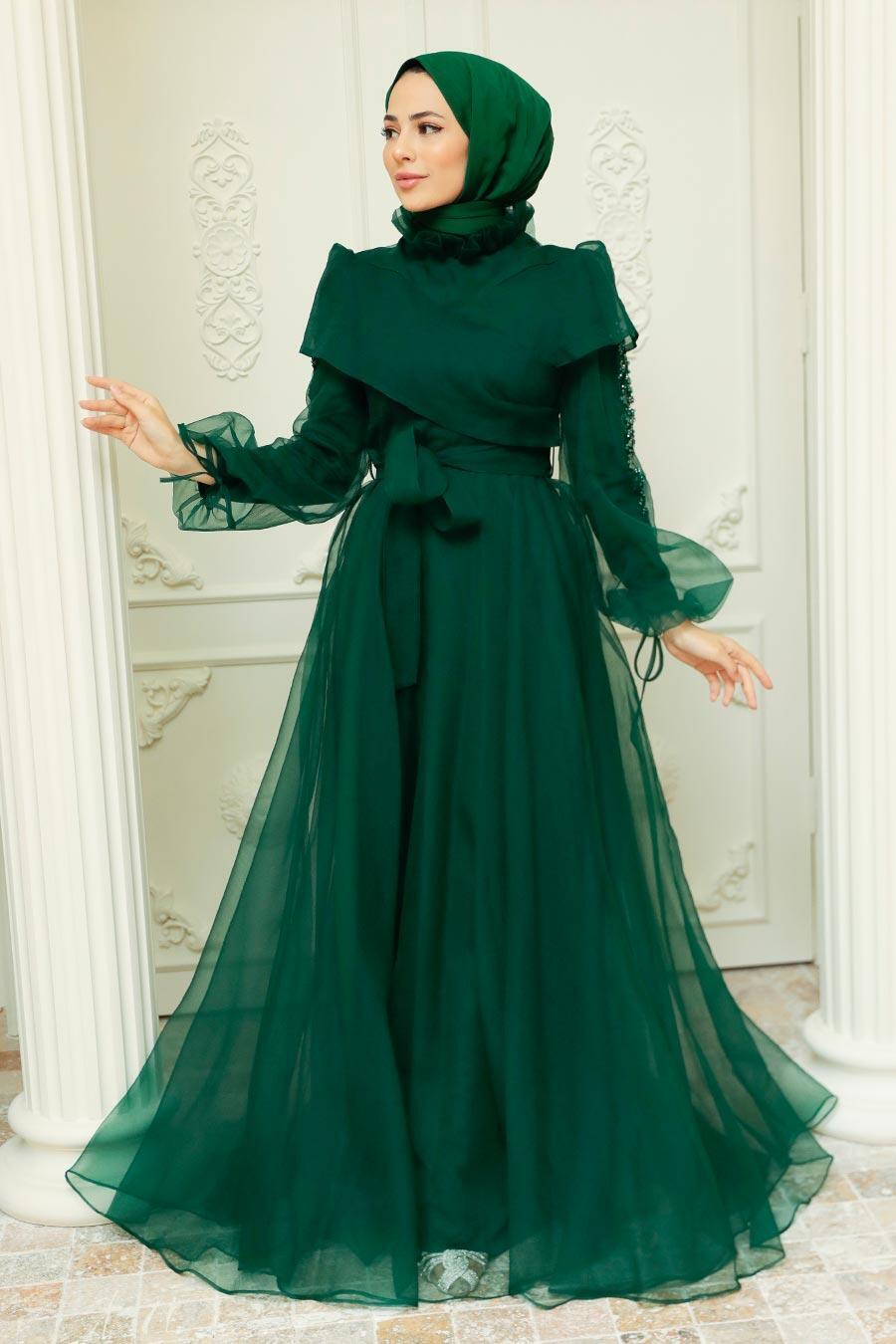 Tesettürlü Abiye Elbise - Boncuk Detaylı Yeşil Tesettür Abiye Elbise 22331Y