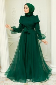 Tesettürlü Abiye Elbise - Boncuk Detaylı Yeşil Tesettür Abiye Elbise 22331Y - Thumbnail