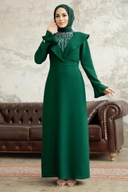 Tesettürlü Abiye Elbise - Boncuk Detaylı Zümrüt Yeşili Tesettür Abiye Elbise 38091ZY - Thumbnail