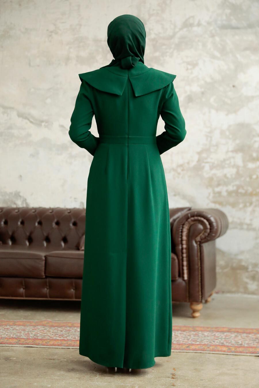 Tesettürlü Abiye Elbise - Boncuk Detaylı Zümrüt Yeşili Tesettür Abiye Elbise 38091ZY