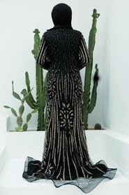 Tesettürlü Abiye Elbise - Boncuk İşlemeli Balık Siyah Tesettür Abiye Elbise 820S - Thumbnail